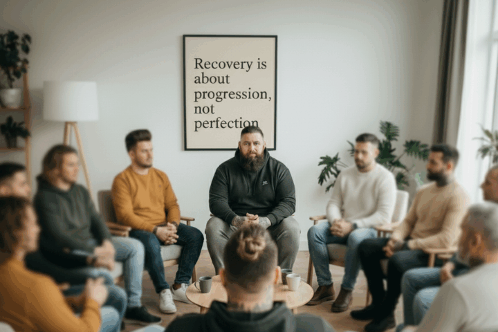 Deelnemers van New Life Living Den Haag komen samen voor de dagopening. De mannen zitten op de locatie in Wateringen, klaar om de dag te beginnen.